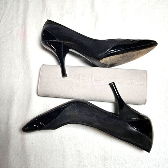 Salvatore Ferragamo Classic Black Calves Leather & Patent Leather Slip On Heels - Picture 7 of 13